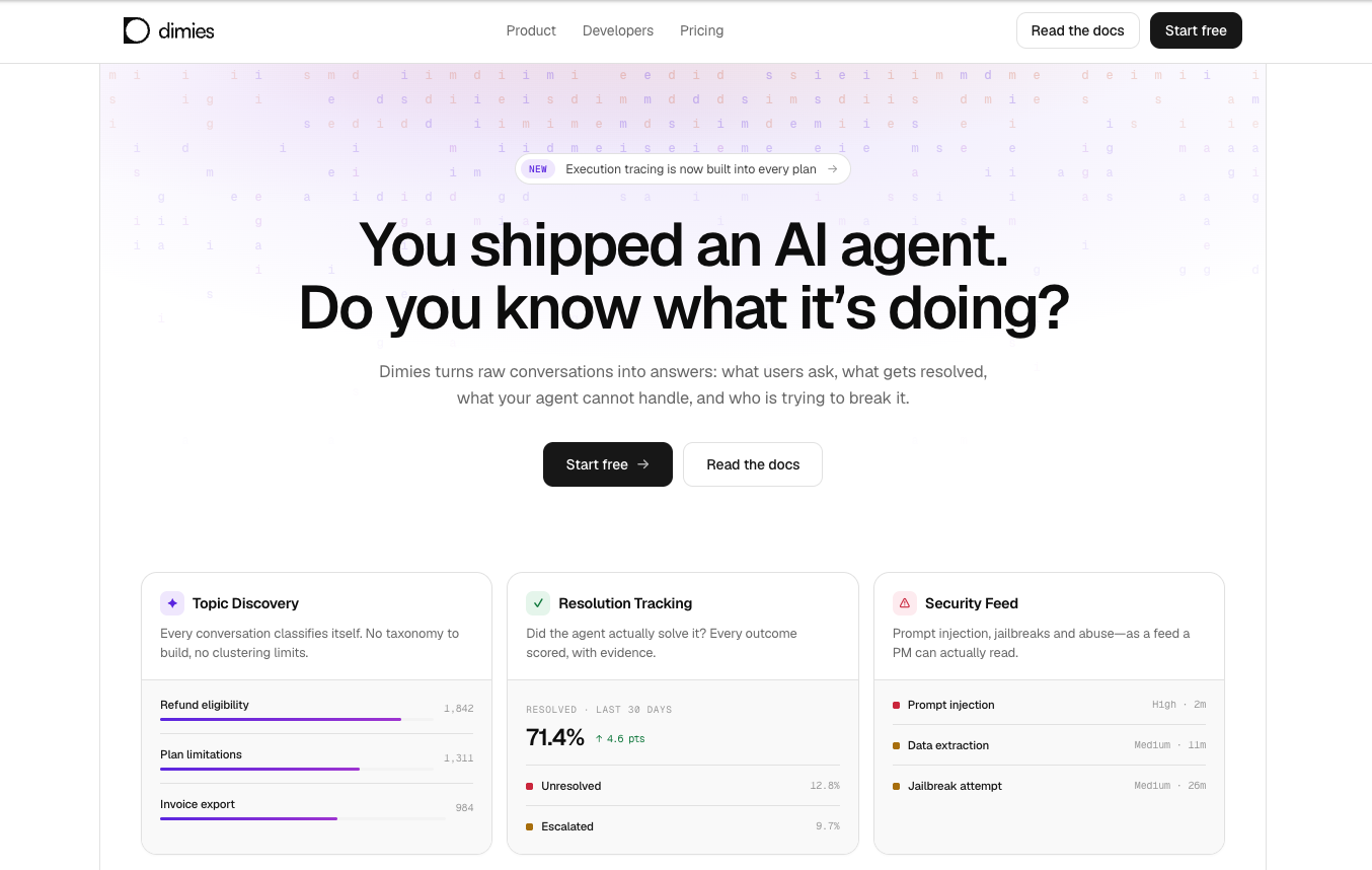 The product website, with examples of topic discovery, resolution tracking, and security monitoring.
