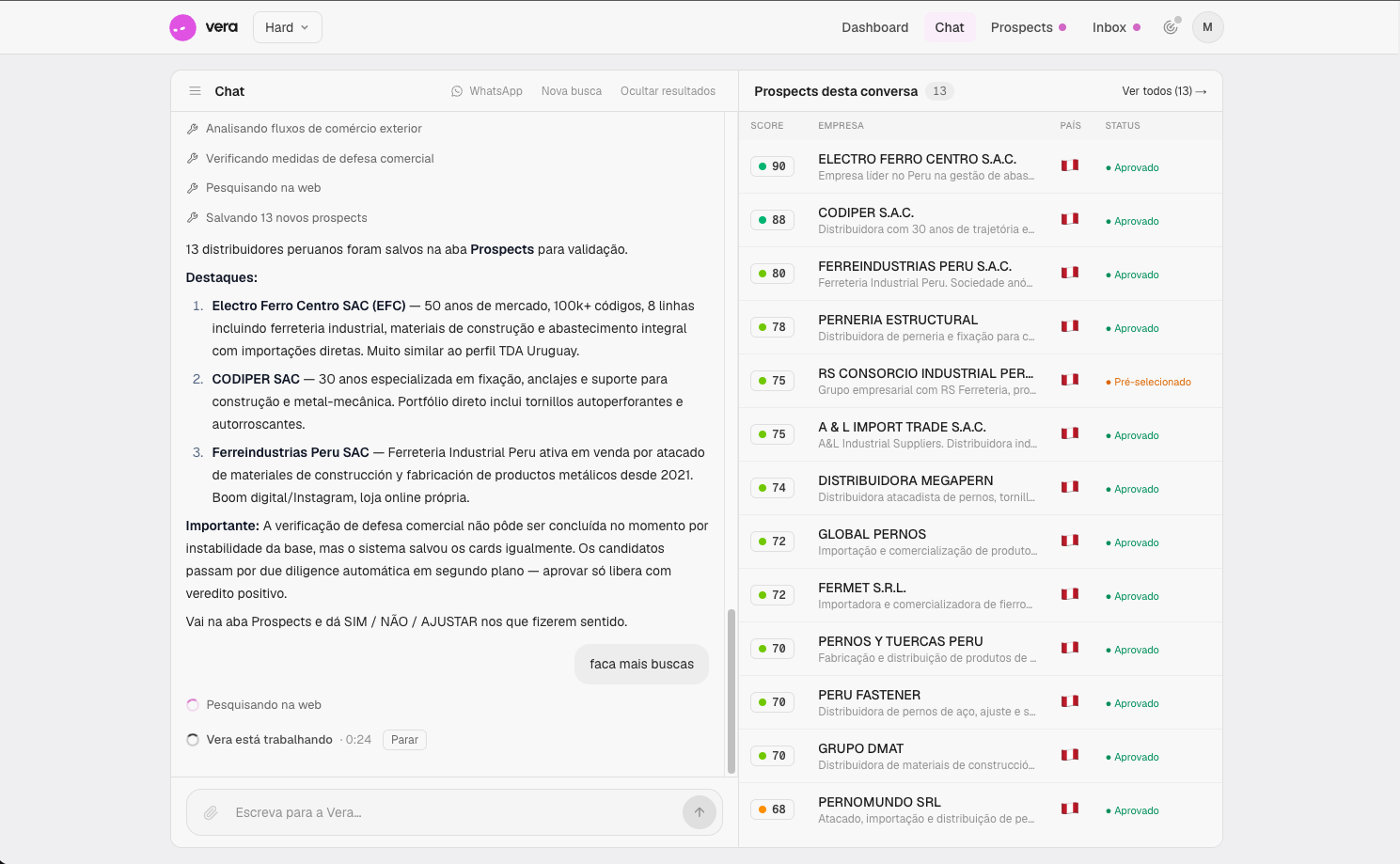 Research and results side by side, with a score, country, and status for each company.