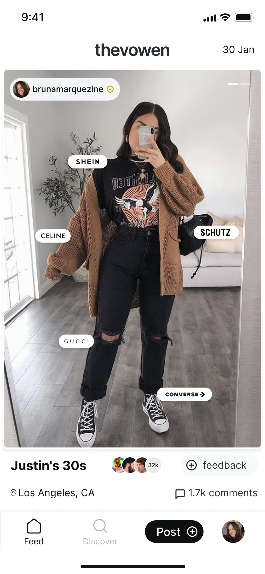 Brand labels shown in the context of an outfit.